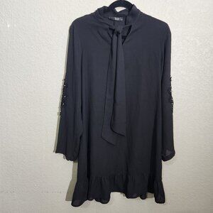 Black Tunic Dress With Pearl & Lace Sleeve Detail Ruffled Hem Bow Tie Neck Small